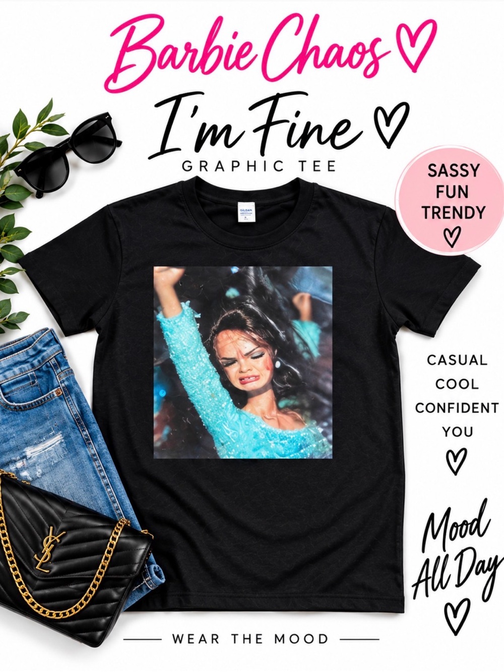 Barbie Chaos Im Fine Graphic Tee Shirt Unisex with Aqua Print